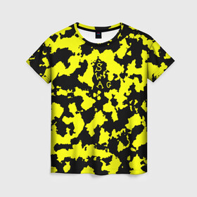 Женская футболка 3D с принтом Черно-желтый камуфляж в Тюмени, 100% полиэфир ( синтетическое хлопкоподобное полотно) | прямой крой, круглый вырез горловины, длина до линии бедер | black | camo | everyday | radiation | желтый | лето | радиация