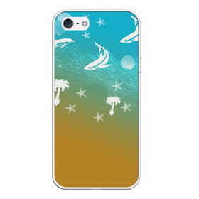 Чехол для iPhone 5/5S матовый с принтом Морское ассорти в Тюмени, Силикон | Область печати: задняя сторона чехла, без боковых панелей | акулы | волна | дельфины | море | морепродукты | морские животные | морской | пальмы | песок | ракушки | рыбы