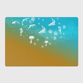 Магнитный плакат 3Х2 с принтом Морское ассорти в Тюмени, Полимерный материал с магнитным слоем | 6 деталей размером 9*9 см | акулы | волна | дельфины | море | морепродукты | морские животные | морской | пальмы | песок | ракушки | рыбы