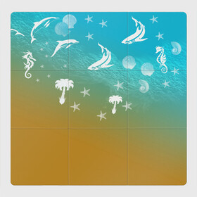Магнитный плакат 3Х3 с принтом Морское ассорти в Тюмени, Полимерный материал с магнитным слоем | 9 деталей размером 9*9 см | акулы | волна | дельфины | море | морепродукты | морские животные | морской | пальмы | песок | ракушки | рыбы