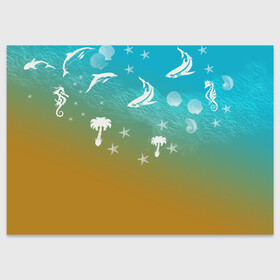 Поздравительная открытка с принтом Морское ассорти в Тюмени, 100% бумага | плотность бумаги 280 г/м2, матовая, на обратной стороне линовка и место для марки
 | Тематика изображения на принте: акулы | волна | дельфины | море | морепродукты | морские животные | морской | пальмы | песок | ракушки | рыбы
