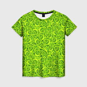 Женская футболка 3D с принтом Неоновый цветочный узор  в Тюмени, 100% полиэфир ( синтетическое хлопкоподобное полотно) | прямой крой, круглый вырез горловины, длина до линии бедер | детский | женский | зеленый | лето | неоновый узор | розы | современный | яркий зеленый