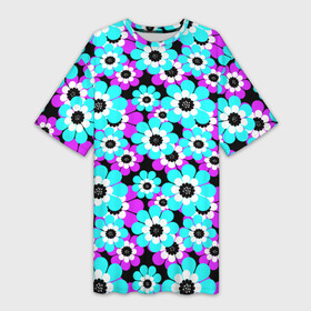 Платье-футболка 3D с принтом Яркие бирюзовые цветы в Тюмени,  |  | бирюзовые цветы | бордовый | детский | для детей | малышам | неоновый | ретро | цветочный узор