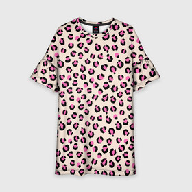 Детское платье 3D с принтом Леопардовый принт розовый в Тюмени, 100% полиэстер | прямой силуэт, чуть расширенный к низу. Круглая горловина, на рукавах — воланы | Тематика изображения на принте: бежевый | леопард | леопардовый принт | молочный цвет | пятнистый | розовый