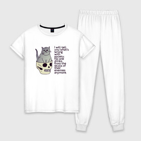 Женская пижама хлопок с принтом Задумчивый котик в Тюмени, 100% хлопок | брюки и футболка прямого кроя, без карманов, на брюках мягкая резинка на поясе и по низу штанин | british shorthair | cat | skull | wrong society | британская порода | грустный | кот | котик | кошка британка | надпись | по английски | рисунок | серый кот | смешной кот | цитата | череп