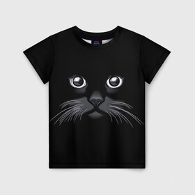 Детская футболка 3D с принтом Кот Журбей в Тюмени, 100% гипоаллергенный полиэфир | прямой крой, круглый вырез горловины, длина до линии бедер, чуть спущенное плечо, ткань немного тянется | большие глаза | голова кота | милота. | мордочка | настроение | позитив | усики | черный