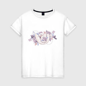 Женская футболка хлопок с принтом Белая змея и цветы в Тюмени, 100% хлопок | прямой крой, круглый вырез горловины, длина до линии бедер, слегка спущенное плечо | белая | букет | бутон | ветвь | ветка | гадюка | змея | питон | розовая | удав | цветы