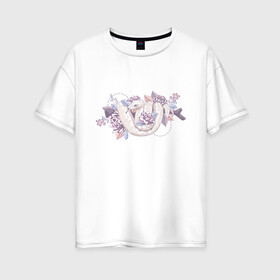 Женская футболка хлопок Oversize с принтом Белая змея и цветы в Тюмени, 100% хлопок | свободный крой, круглый ворот, спущенный рукав, длина до линии бедер
 | белая | букет | бутон | ветвь | ветка | гадюка | змея | питон | розовая | удав | цветы