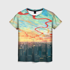 Женская футболка 3D с принтом Токио красками в Тюмени, 100% полиэфир ( синтетическое хлопкоподобное полотно) | прямой крой, круглый вырез горловины, длина до линии бедер | акварелью | аниме | ветер | город | закат | здания | красками | мегаполис | облака | постройки | рассвет | стиль | столица | токио | тучи | япония