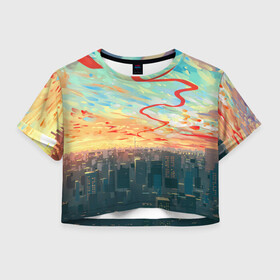 Женская футболка Crop-top 3D с принтом Токио красками в Тюмени, 100% полиэстер | круглая горловина, длина футболки до линии талии, рукава с отворотами | акварелью | аниме | ветер | город | закат | здания | красками | мегаполис | облака | постройки | рассвет | стиль | столица | токио | тучи | япония