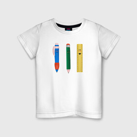 Детская футболка хлопок с принтом в школу в Тюмени, 100% хлопок | круглый вырез горловины, полуприлегающий силуэт, длина до линии бедер | Тематика изображения на принте: карандаш | класс | линейка | перекличка | ручка | уроки | школа