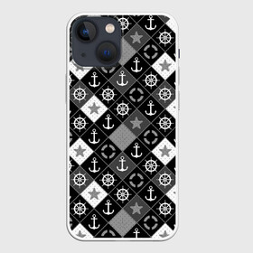 Чехол для iPhone 13 mini с принтом Черно белый морской плед в Тюмени,  |  | для мальчика | клетка | модный | молодежный | море | морской | пэчворк | черно белый узор | штурвал