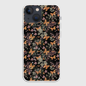 Чехол для iPhone 13 mini с принтом Ретро узор . Бабочки в Тюмени,  |  | бабочки | винтажный | детский | женский | коричневый | растения | ретро | тропический | черный фон