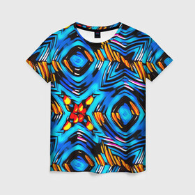 Женская футболка 3D с принтом Желто-синий абстрактный узор  в Тюмени, 100% полиэфир ( синтетическое хлопкоподобное полотно) | прямой крой, круглый вырез горловины, длина до линии бедер | геометрический | желтый | модный | плетение | синий | современный | яркий синий