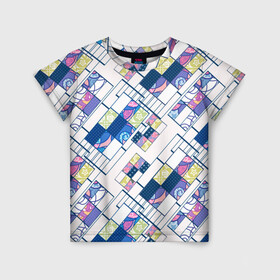 Детская футболка 3D с принтом Этнический узор пэчворк  в Тюмени, 100% гипоаллергенный полиэфир | прямой крой, круглый вырез горловины, длина до линии бедер, чуть спущенное плечо, ткань немного тянется | абстрактный | белый и синий | геометрический | заплатки | популярный | современный | этнический