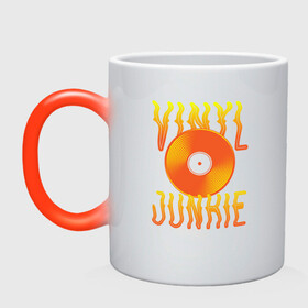 Кружка хамелеон с принтом Vinyl Junkie в Тюмени, керамика | меняет цвет при нагревании, емкость 330 мл | dj | english | vinyl junkie | диджей | музыкант | пластинка | по английски
