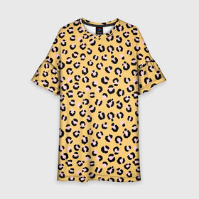 Детское платье 3D с принтом Желтый леопардовый принт в Тюмени, 100% полиэстер | прямой силуэт, чуть расширенный к низу. Круглая горловина, на рукавах — воланы | Тематика изображения на принте: желтый | леопардовый принт | паттерн | пятна | пятнистый | розовый | текстура