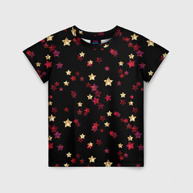 Детская футболка 3D с принтом Блестящие звезды на черном в Тюмени, 100% гипоаллергенный полиэфир | прямой крой, круглый вырез горловины, длина до линии бедер, чуть спущенное плечо, ткань немного тянется | абстрактный | блеск | детский | женский | звезды | золото | золотые звезды