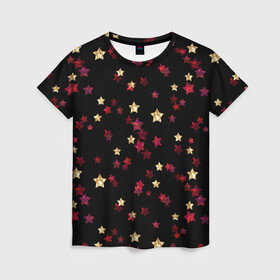 Женская футболка 3D с принтом Блестящие звезды на черном в Тюмени, 100% полиэфир ( синтетическое хлопкоподобное полотно) | прямой крой, круглый вырез горловины, длина до линии бедер | абстрактный | блеск | детский | женский | звезды | золото | золотые звезды