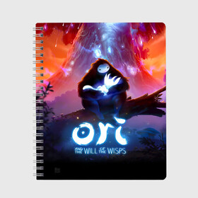 Тетрадь с принтом Ori and the Will of the Wisps в Тюмени, 100% бумага | 48 листов, плотность листов — 60 г/м2, плотность картонной обложки — 250 г/м2. Листы скреплены сбоку удобной пружинной спиралью. Уголки страниц и обложки скругленные. Цвет линий — светло-серый
 | adventure | asleep | forest spirit | naru | night | ori and the will of the wisps | orient | pc game | volcanic eruption | дух леса | извержение вулкана | компьютерная игра | нару | ночь | ори | ори и блуждающие огоньки | приключения | спит