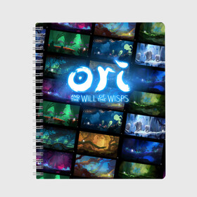 Тетрадь с принтом Ori and the Will of the Wisps в Тюмени, 100% бумага | 48 листов, плотность листов — 60 г/м2, плотность картонной обложки — 250 г/м2. Листы скреплены сбоку удобной пружинной спиралью. Уголки страниц и обложки скругленные. Цвет линий — светло-серый
 | Тематика изображения на принте: adventure | collage | computer game | frames | ori | ori and the will of the wisps | spirit of the forest | дух леса | кадры | коллаж | компьютерная игра | ори | ори и блуждающие огоньки | приключения