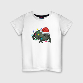 Детская футболка хлопок с принтом Недовольная лягуха в Новый Год в Тюмени, 100% хлопок | круглый вырез горловины, полуприлегающий силуэт, длина до линии бедер | Тематика изображения на принте: frog | иллюстрация | лягуха | лягушка | лягушка в колпаке санта клауса | лягушка в лампочках | недовольная лягушка | новогодний | новый год | праздничная лягушка | рисунок | черная дождевая лягушка