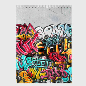 Скетчбук с принтом Graffiti on the wall в Тюмени, 100% бумага
 | 48 листов, плотность листов — 100 г/м2, плотность картонной обложки — 250 г/м2. Листы скреплены сверху удобной пружинной спиралью | Тематика изображения на принте: абстракция | граффити | надписи | надписи текстура | паттерн граффити | текстура | текстура граффити | шрифт