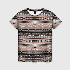 Женская футболка 3D с принтом Полосатый этнический орнамент  в Тюмени, 100% полиэфир ( синтетическое хлопкоподобное полотно) | прямой крой, круглый вырез горловины, длина до линии бедер | абстрактный | геометрические фигуры | коричневый | полосатый узор | полосы | черный и коричневый | этнический