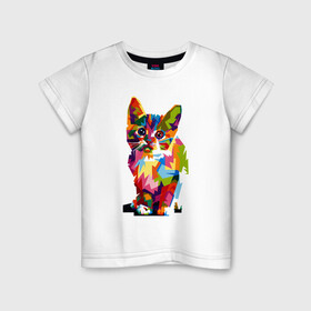 Детская футболка хлопок с принтом Разноцветный кот в Тюмени, 100% хлопок | круглый вырез горловины, полуприлегающий силуэт, длина до линии бедер | Тематика изображения на принте: colorful | иллюстрация | кот | котенок | котик