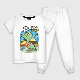 Детская пижама хлопок с принтом Динозаврик футболист в Тюмени, 100% хлопок |  брюки и футболка прямого кроя, без карманов, на брюках мягкая резинка на поясе и по низу штанин
 | soccer | дино | динозавр | динозаврик | мячик | футбол