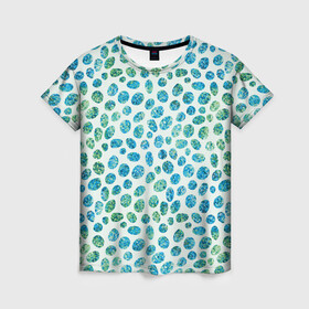 Женская футболка 3D с принтом Драгоценные зеленые камешки в Тюмени, 100% полиэфир ( синтетическое хлопкоподобное полотно) | прямой крой, круглый вырез горловины, длина до линии бедер | абстракция | блестящие | драгоценные камни | зеленый | изумрудный | пятна