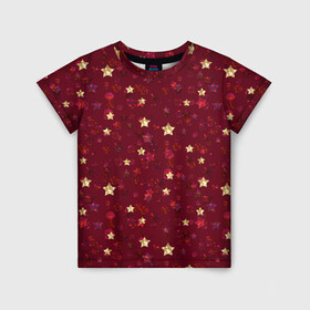 Детская футболка 3D с принтом Россыпи золотых звезд в Тюмени, 100% гипоаллергенный полиэфир | прямой крой, круглый вырез горловины, длина до линии бедер, чуть спущенное плечо, ткань немного тянется | Тематика изображения на принте: блеск | блестящий | детский | звезды | золото | золотой и красный | красный | модный