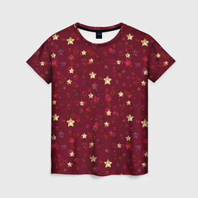 Женская футболка 3D с принтом Россыпи золотых звезд в Тюмени, 100% полиэфир ( синтетическое хлопкоподобное полотно) | прямой крой, круглый вырез горловины, длина до линии бедер | блеск | блестящий | детский | звезды | золото | золотой и красный | красный | модный
