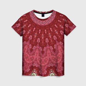 Женская футболка 3D с принтом Красно-розовый калейдоскоп  в Тюмени, 100% полиэфир ( синтетическое хлопкоподобное полотно) | прямой крой, круглый вырез горловины, длина до линии бедер | восточный | калейдоскоп | красный | красный калейдоскоп | круглый орнамент | орнамент | этнический