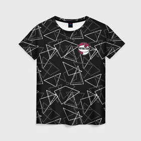 Женская футболка 3D с принтом Черно-белый геометрический  в Тюмени, 100% полиэфир ( синтетическое хлопкоподобное полотно) | прямой крой, круглый вырез горловины, длина до линии бедер | абстрактный | аппликация | геометрический | модный | треугольники | футбол | футбольный клуб | черно белый | черный фон