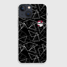 Чехол для iPhone 13 mini с принтом Черно белый геометрический в Тюмени,  |  | абстрактный | аппликация | геометрический | модный | треугольники | футбол | футбольный клуб | черно белый | черный фон