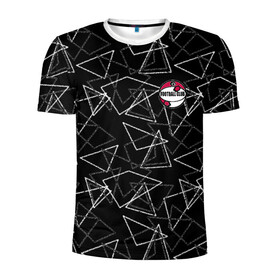 Мужская футболка 3D спортивная с принтом Черно-белый геометрический  в Тюмени, 100% полиэстер с улучшенными характеристиками | приталенный силуэт, круглая горловина, широкие плечи, сужается к линии бедра | Тематика изображения на принте: абстрактный | аппликация | геометрический | модный | треугольники | футбол | футбольный клуб | черно белый | черный фон