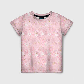 Детская футболка 3D с принтом Нежно розовые цветы с блеском в Тюмени, 100% гипоаллергенный полиэфир | прямой крой, круглый вырез горловины, длина до линии бедер, чуть спущенное плечо, ткань немного тянется | блеск | блестки | детский | золото | малышам | нежно розовый | розовые цветы | розовый и золотой