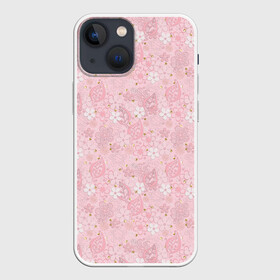Чехол для iPhone 13 mini с принтом Нежно розовые цветы с блеском в Тюмени,  |  | блеск | блестки | детский | золото | малышам | нежно розовый | розовые цветы | розовый и золотой