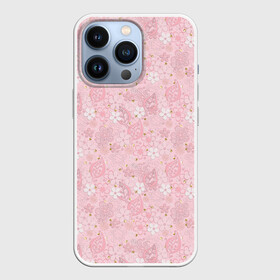Чехол для iPhone 13 Pro с принтом Нежно розовые цветы с блеском в Тюмени,  |  | блеск | блестки | детский | золото | малышам | нежно розовый | розовые цветы | розовый и золотой