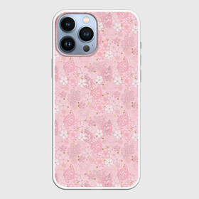 Чехол для iPhone 13 Pro Max с принтом Нежно розовые цветы с блеском в Тюмени,  |  | блеск | блестки | детский | золото | малышам | нежно розовый | розовые цветы | розовый и золотой