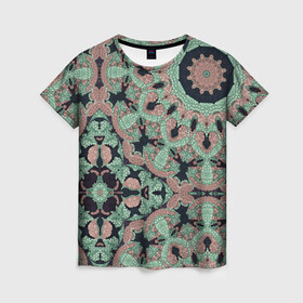 Женская футболка 3D с принтом зелено-бежевый калейдоскоп  в Тюмени, 100% полиэфир ( синтетическое хлопкоподобное полотно) | прямой крой, круглый вырез горловины, длина до линии бедер | абстрактный | в горошек | восточный | калейдоскоп | коричневый и зеленый | модный | фисташковый | этнический