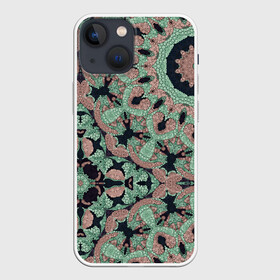 Чехол для iPhone 13 mini с принтом зелено бежевый калейдоскоп в Тюмени,  |  | абстрактный | в горошек | восточный | калейдоскоп | коричневый и зеленый | модный | фисташковый | этнический
