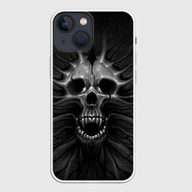 Чехол для iPhone 13 mini с принтом ЧЕРЕП С КЛЫКАМИ в Тюмени,  |  | dark | death | fear | skelet | skull | байкерам | голова | готика | клыки | кости | крик | оскал | скелет | тьма | ужас | череп | черный