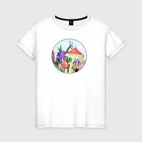 Женская футболка хлопок с принтом Грибы в Тюмени, 100% хлопок | прямой крой, круглый вырез горловины, длина до линии бедер, слегка спущенное плечо | грибы | закат | мухоморы | растения