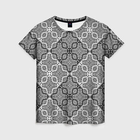 Женская футболка 3D с принтом Черно-белый орнамент  в Тюмени, 100% полиэфир ( синтетическое хлопкоподобное полотно) | прямой крой, круглый вырез горловины, длина до линии бедер | абстрактный | ажурный | арабский | восточный | кружева | кружевной | современный | черно белый | черный