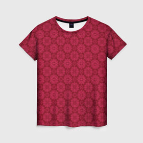 Женская футболка 3D с принтом Красный ажурный орнамент  в Тюмени, 100% полиэфир ( синтетическое хлопкоподобное полотно) | прямой крой, круглый вырез горловины, длина до линии бедер | ажурный | восточный | детский | женский | красный | однотонный | орнамент