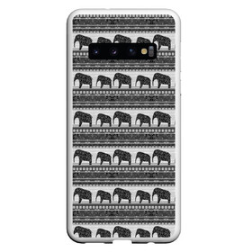 Чехол для Samsung Galaxy S10 с принтом Черно-белый узор слоны в Тюмени, Силикон | Область печати: задняя сторона чехла, без боковых панелей | Тематика изображения на принте: африканский | монохромный узор | орнамент | полосы | серый | серый и черный | слоны | этнический