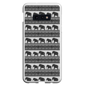 Чехол для Samsung S10E с принтом Черно-белый узор слоны в Тюмени, Силикон | Область печати: задняя сторона чехла, без боковых панелей | африканский | монохромный узор | орнамент | полосы | серый | серый и черный | слоны | этнический