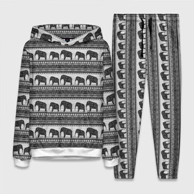 Женский костюм 3D (с толстовкой) с принтом Черно белый узор слоны в Тюмени,  |  | Тематика изображения на принте: африканский | монохромный узор | орнамент | полосы | серый | серый и черный | слоны | этнический